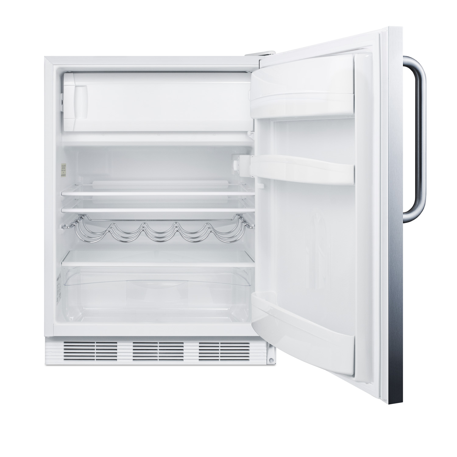 ADA compliant built-in undercounter refrigerator-freezer for residential use, cycle defrost w/deluxe interior, SS door, TB handle, and white cabinet